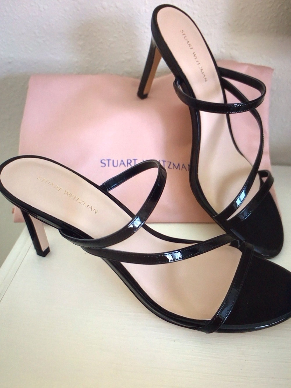 Stuart Weitzman Black Patent Strappy Stiletto Sandals